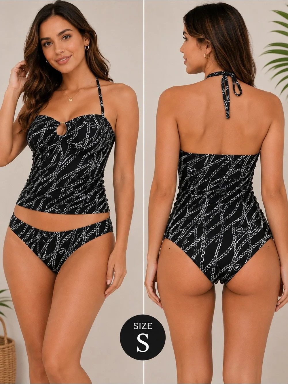 Michael Kors Black Chain-Print Halter Tankini Top & Bikini Bottom